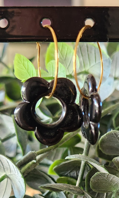 Boucles d'Oreilles Créoles Fleur en Résine 21mm - Bijoux Artisanaux Dorés Or Fin - Acier Inoxydable 316 - Plusieurs Coloris Disponibles