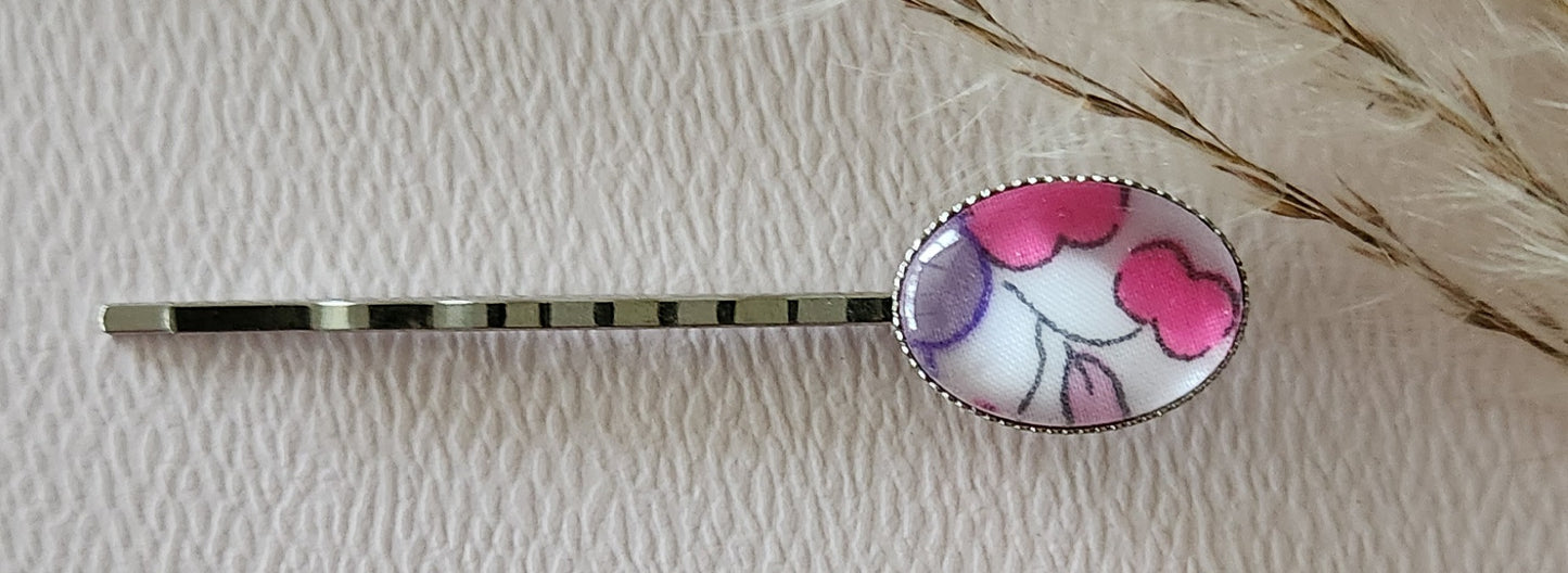 Barrette pince à cheveux ovale en coloris argent, liberty - Plusieurs Motifs Disponibles